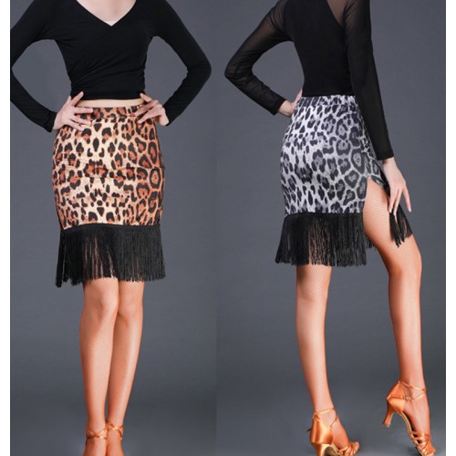Women gray brown leopard printed tassels competition latin dance skirts rumba salsa ballroom performance skirts for female